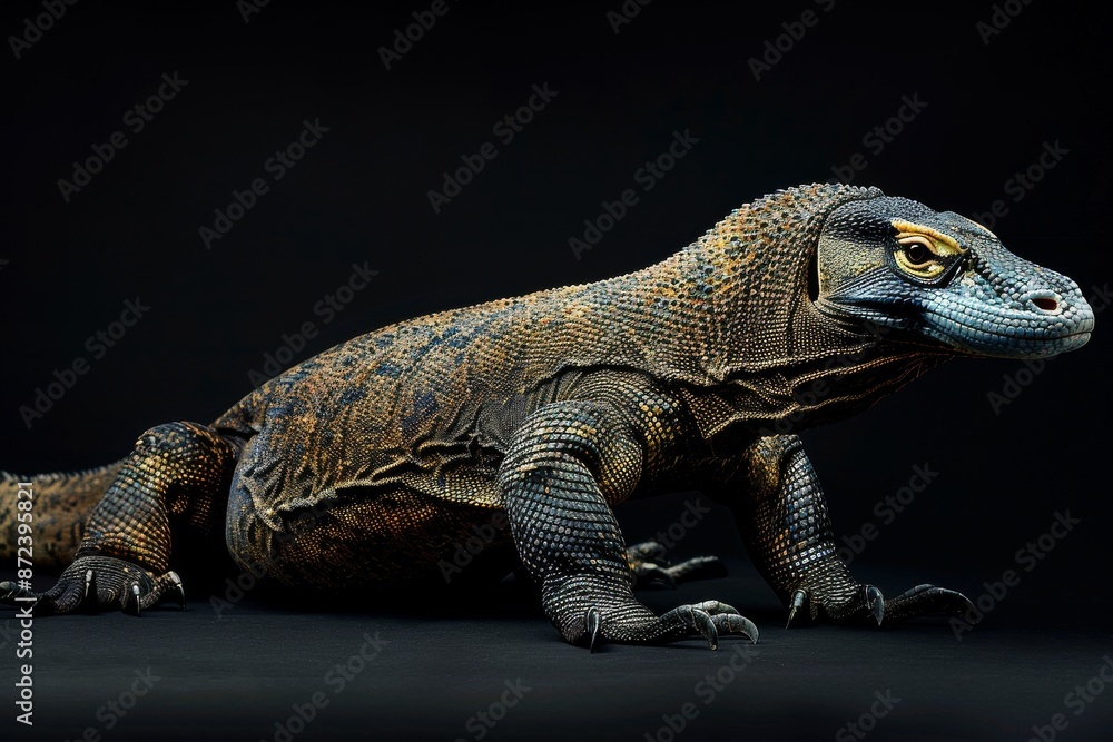 Obraz premium the beside view Komodo Dragon, left side view, white copy space on right, isolated on black background