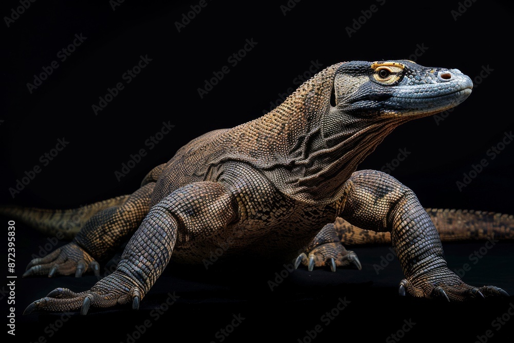 Obraz premium the beside view Komodo Dragon, left side view, white copy space on right, isolated on black background