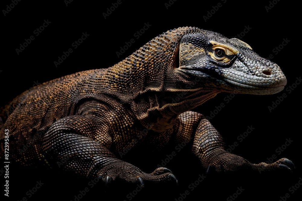 Obraz premium the beside view Komodo Dragon, left side view, white copy space on right, isolated on black background