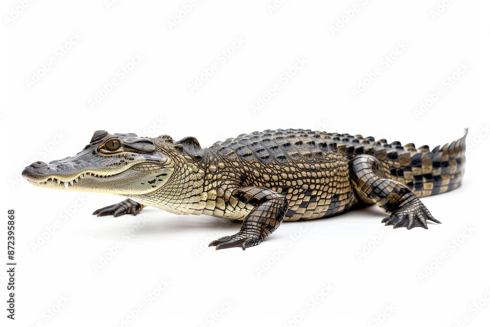 Fototapeta premium the beside view Nile Crocodile, left side view, white copy space on right, dutch angle view, isolated on white background