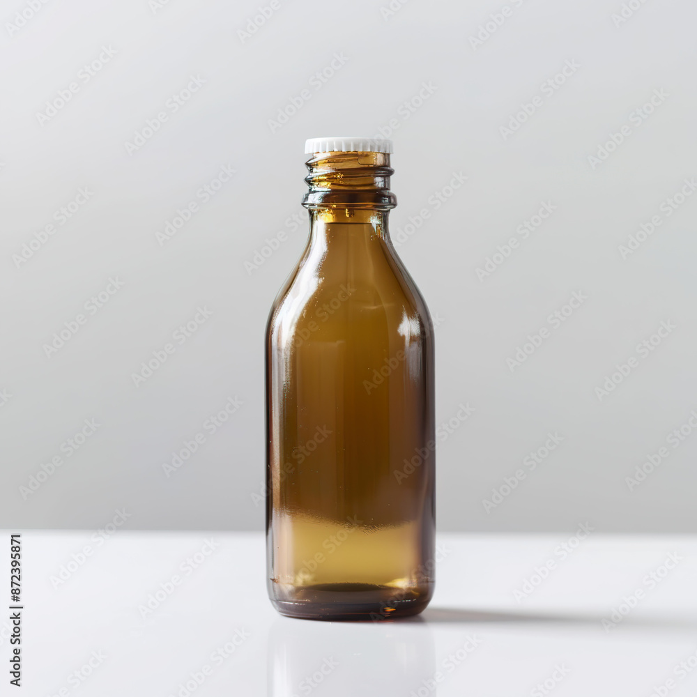 Empty amber glass bottle with white screw cap Empty amber glass bottle with white screw cap