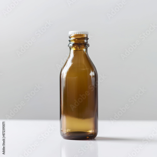 Empty amber glass bottle with white screw cap