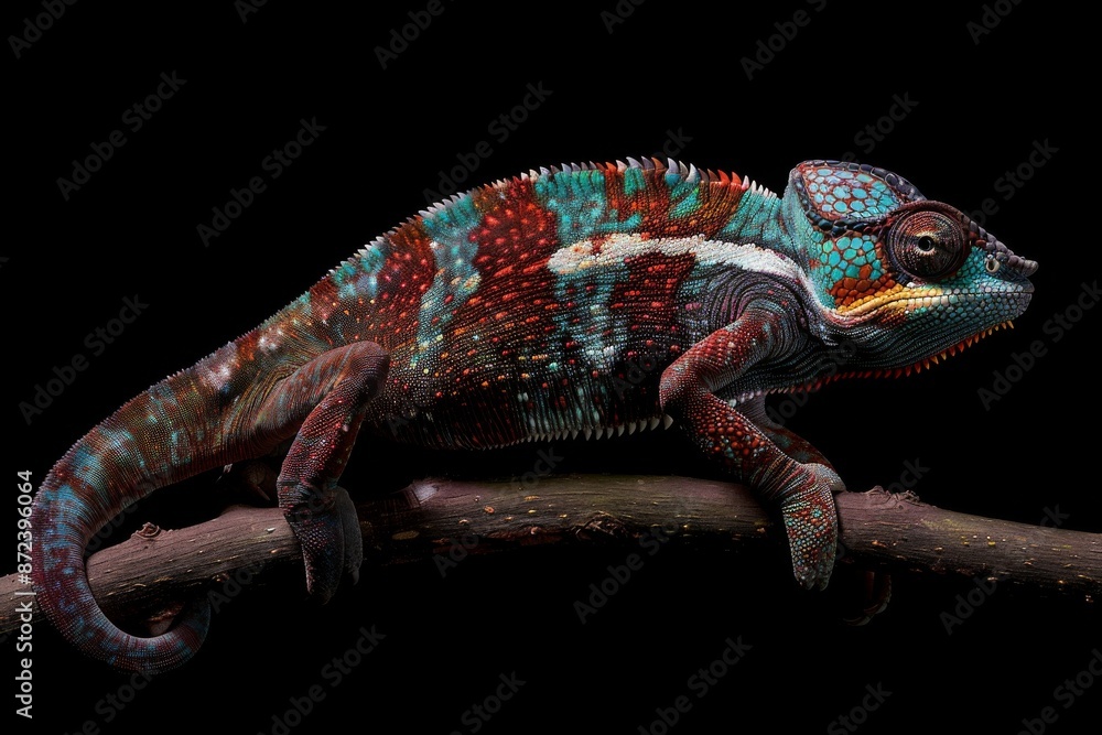 Fototapeta premium the beside view Panther Chameleon, left side view, white copy space on right, isolated on black background
