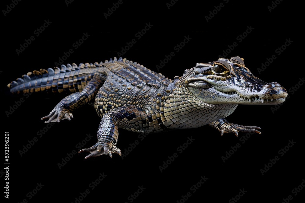 Naklejka premium the beside view Saltwater Crocodile, left side view, white copy space on right, isolated on black background