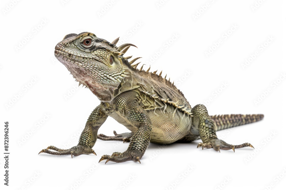 the beside view Tuatara, left side view, white copy space on right, dutch angle view, isolated on white background the beside view Tuatara, left side view, white copy space on right, dutch angle view, isolated on white background