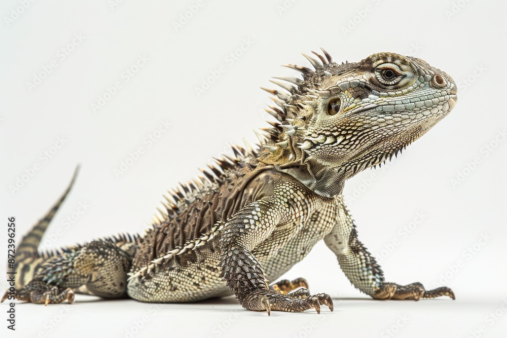 Obraz premium the beside view Tuatara, left side view, white copy space on right, dutch angle view, isolated on white background