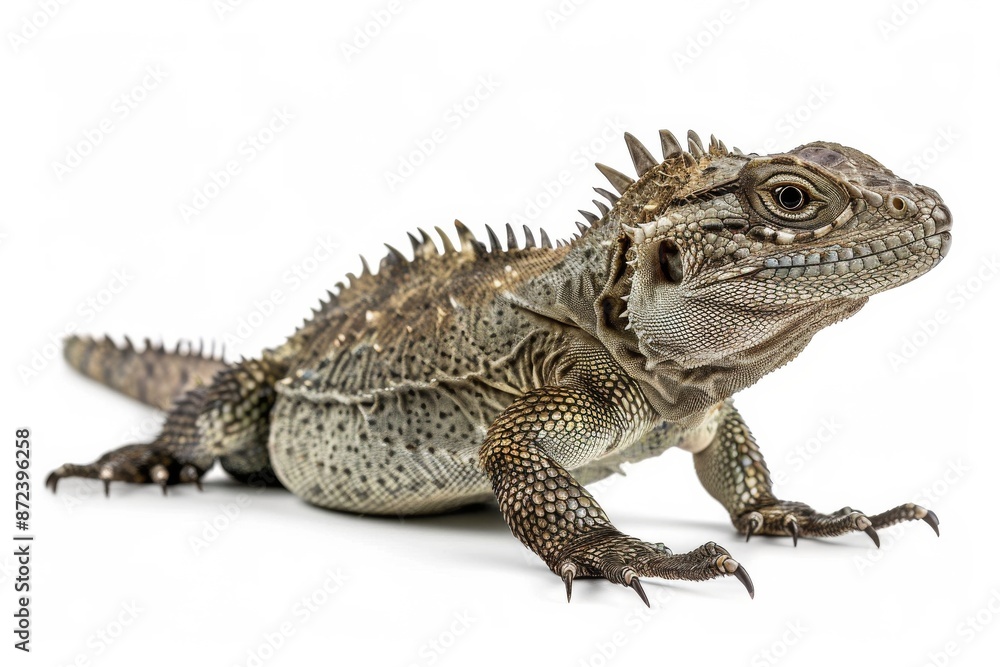 Fototapeta premium the beside view Tuatara, left side view, white copy space on right, dutch angle view, isolated on white background