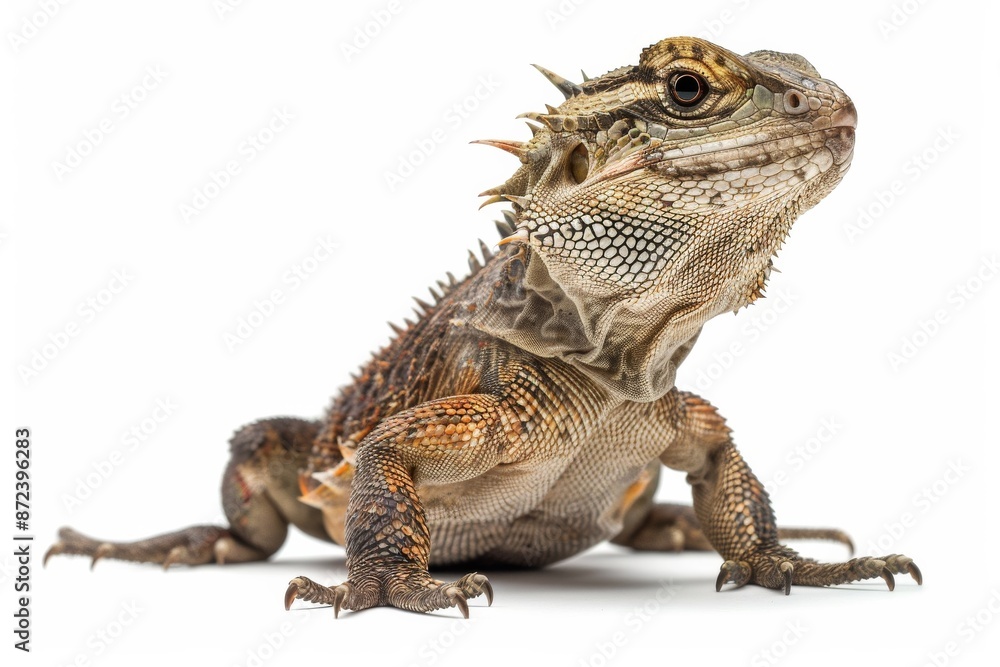 Fototapeta premium the beside view Tuatara, left side view, white copy space on right, dutch angle view, isolated on white background
