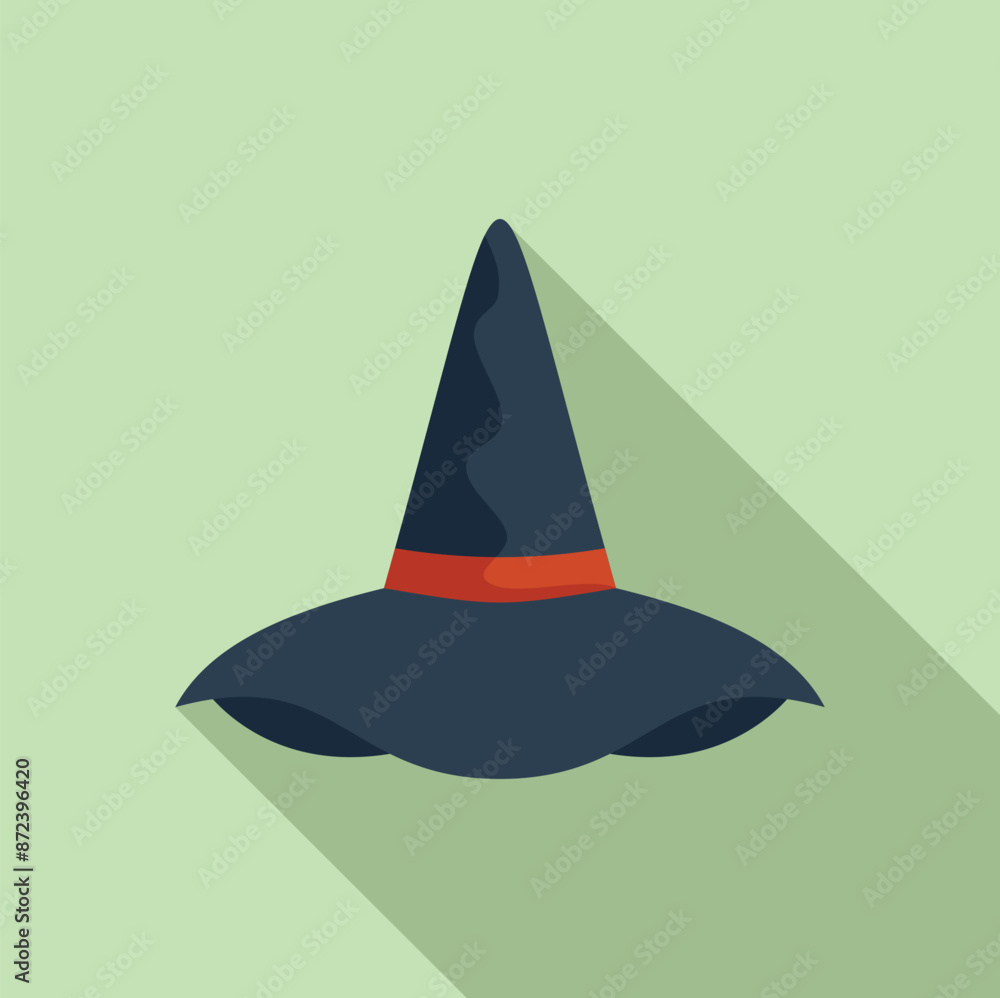 Fototapeta premium Black witch hat with a red ribbon is casting a long shadow on a green background