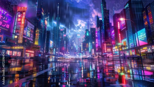 An imaginary city with blue and orange tinted lights, neon lights, and an atmospheric feel.