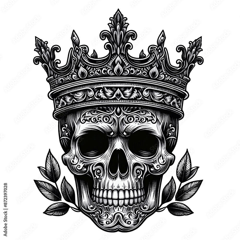 Elegant Vintage Crest with Laurel Branches, Human skull isolated on transparent background