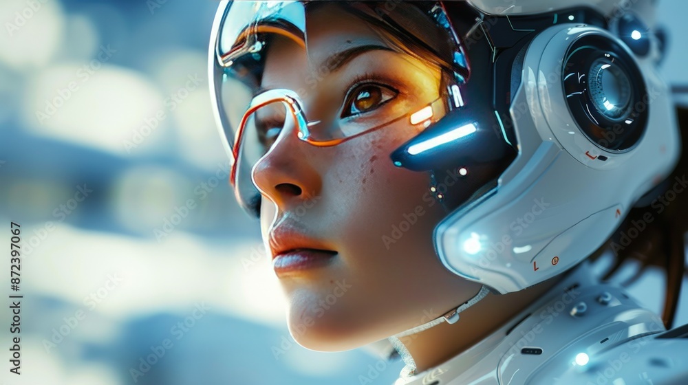 A woman in a white helmet with a blue stripe on it. Generate AI A woman in a white helmet with a blue stripe on it. Generate AI