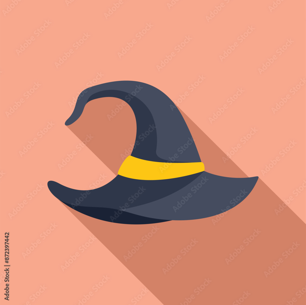 Pointed wizard hat with a gold band is casting a long shadow on a pink background Pointed wizard hat with a gold band is casting a long shadow on a pink background