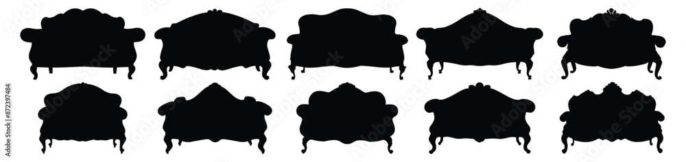 Old Antique Couch silhouettes set, pack of vector silhouette design, isolated background Old Antique Couch silhouettes set, pack of vector silhouette design, isolated background