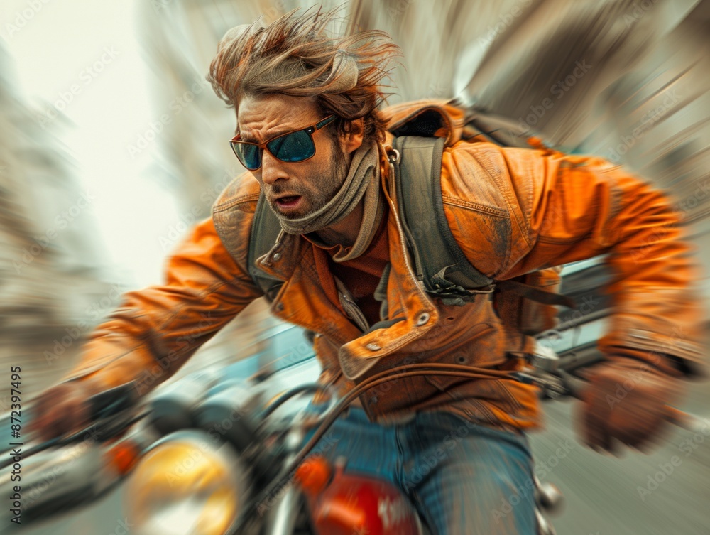 daring man navigates the open road on a motorcycle, clad in sunglasses for a cool, carefree look.