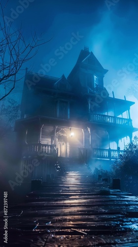 Abandoned haunted house in the middle of the forest surrounded by fog at midnight. Halloween scene. photo