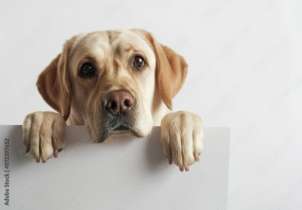 Sad Labrador Retriever resting on a white surface Sad Labrador Retriever resting on a white surface