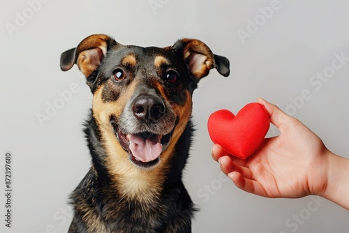 Blood donation for pets. Dog and red heart in human hand outstretched to the dog. Conceptual image of emergency help for animals, veterinary medicine, blood transfusion, animal rescue, pet insurance photo