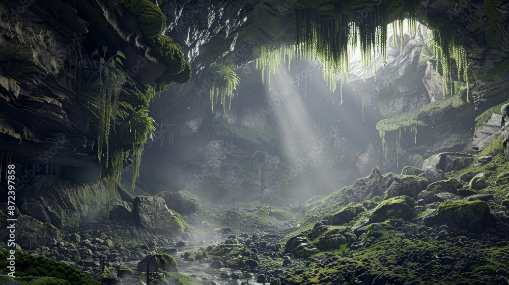 Fantasy cave with ancient mushrooms and magic dust. 3D render. Fantasy cave with ancient mushrooms and magic dust. 3D render.