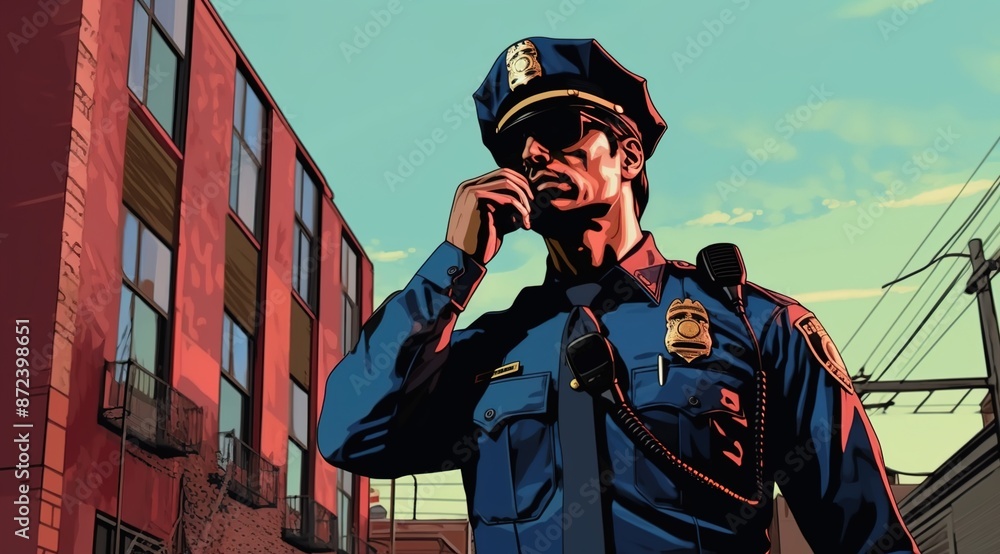 Obraz premium A comic book-style vector illustration depicting a police officer patrolling the street.