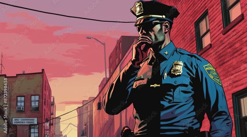 Naklejka premium A comic book-style vector illustration depicting a police officer patrolling the street.