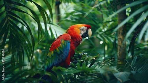 Wallpaper Mural A colorful parrot is perched on a leafy branch in a lush green forest. Generate AI Torontodigital.ca