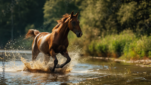 Chestnut horse running through a shallow river with water splashes in a sunny forest