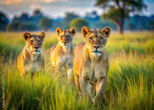 Majestic lionesses stroll through the lush, long green grass of Okavango Delta in Botswana, their regal presence unrivaled in the serene morning landscape of the African savannah. © Man888