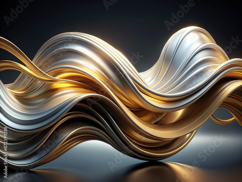 .abstract 3D waves of white gold curl and crash on a dark gradient background, evoking a sense of luxury, serenity, and futuristic high-tech elegance.