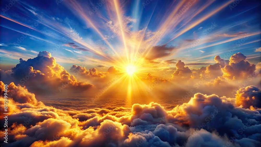Vibrant flaming tongues of fire descend from heaven amidst soft white clouds and gentle rays of warm golden light on a serene blue background. Vibrant flaming tongues of fire descend from heaven amidst soft white clouds and gentle rays of warm golden light on a serene blue background.