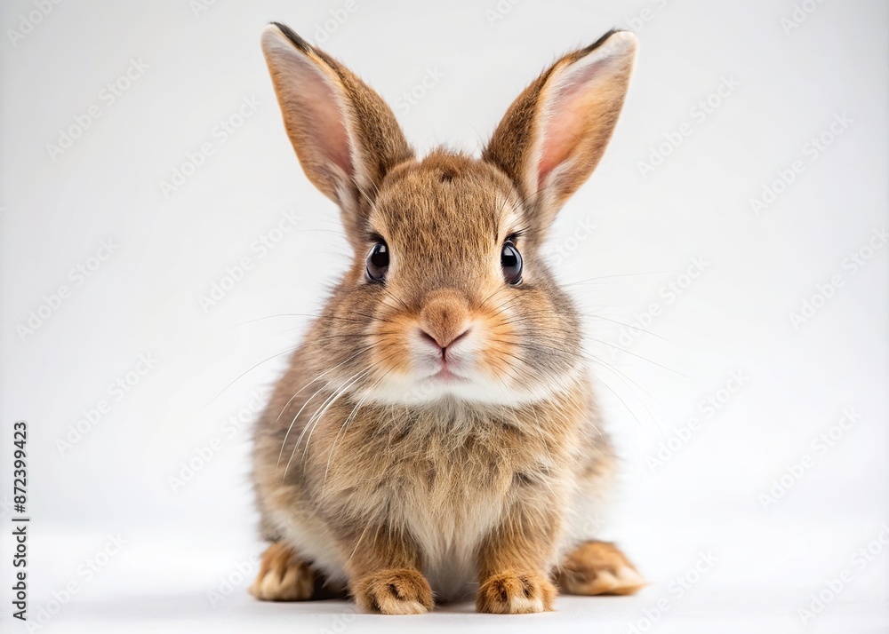 Fototapeta premium Cute rabbit with bright brown eyes and soft fur sits alone on a pristine white background, showcasing its innocence and gentle nature perfectly.