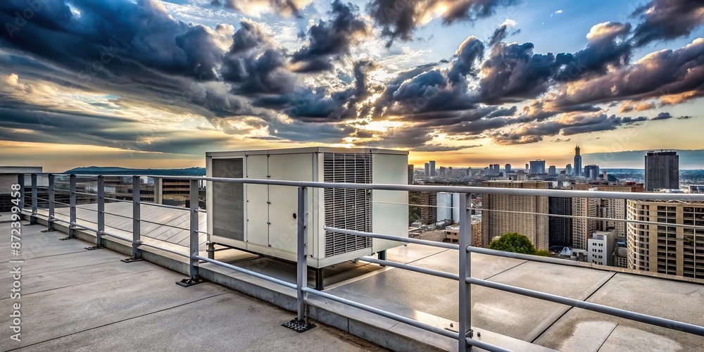 Outdoor air conditioning unit on rooftop surrounded by concrete walls ...