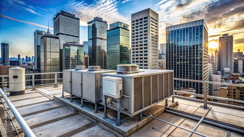 Rooftop outdoor air conditioning unit in a urban setting with concrete ...