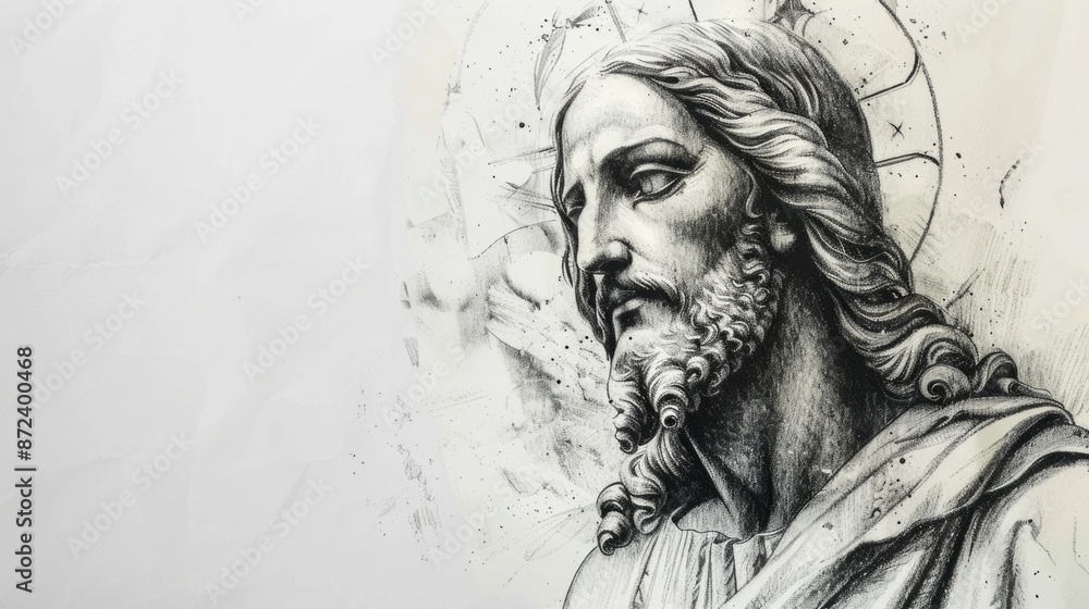 Fototapeta premium Sketch of Jesus Christ on white background with copy space