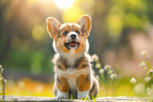 Cute Welsh corgi puppy sitting outdoor in summer