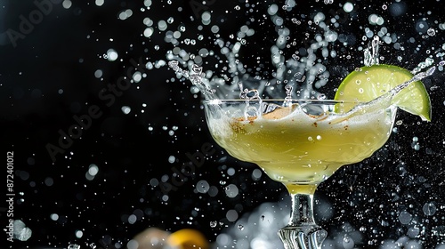 Product shot of a splashing margarita, isolated black background