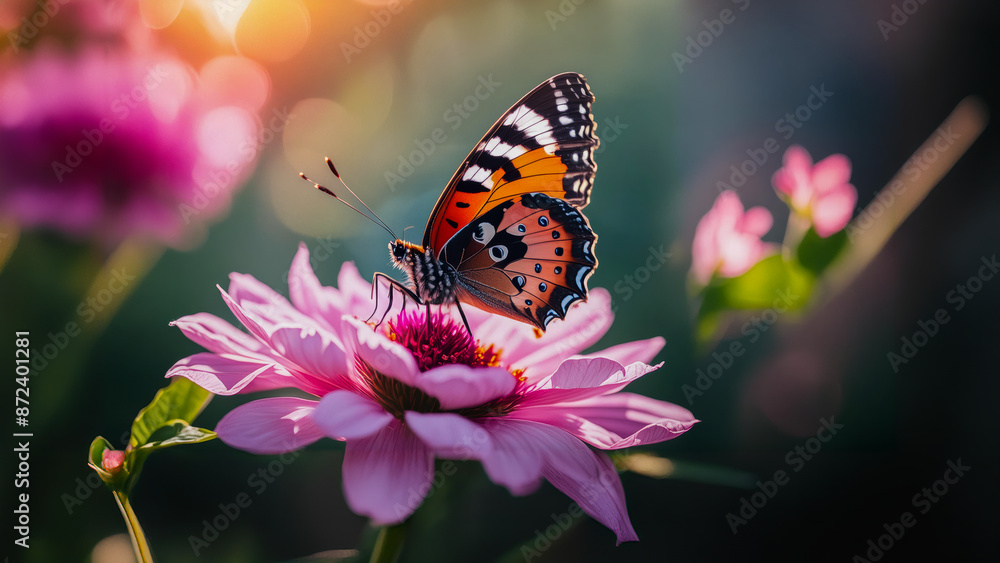 Naklejka premium Vibrant Painted Lady a British Butterfly eating nectar off a flower.