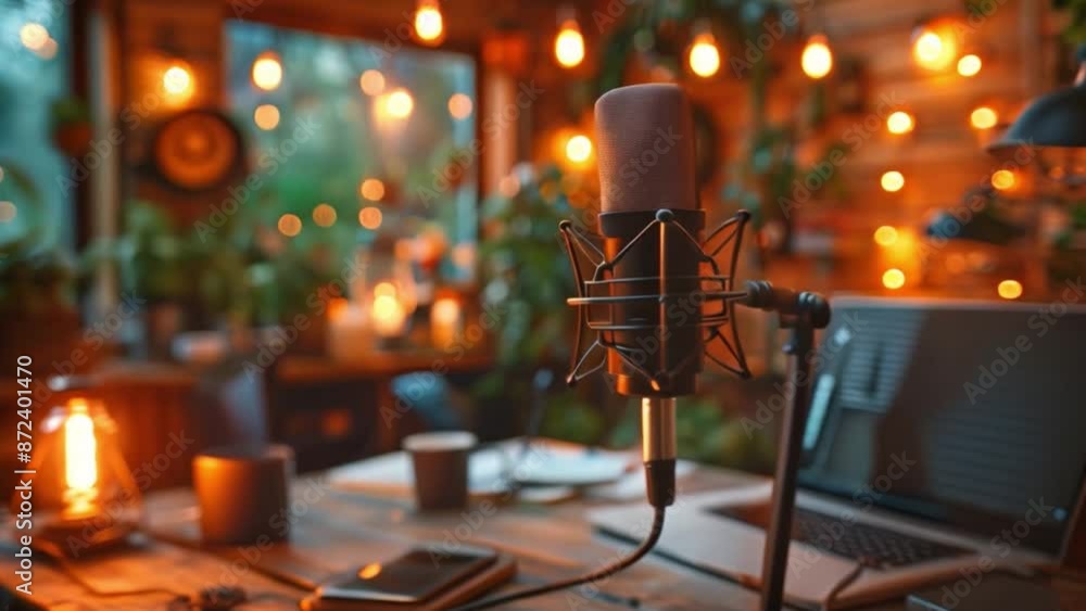 This microphone in a cozy home recording studio. Podcast and streaming concept This microphone in a cozy home recording studio. Podcast and streaming concept