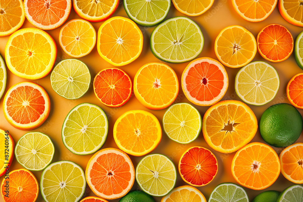 Obraz premium Different citrus fruits as background, top view