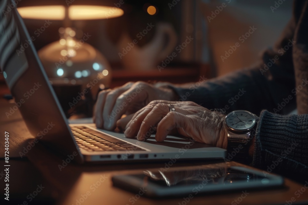 Close-up of Senior Man's Hands Typing on Laptop in Dim Light Close-up of Senior Man's Hands Typing on Laptop in Dim Light