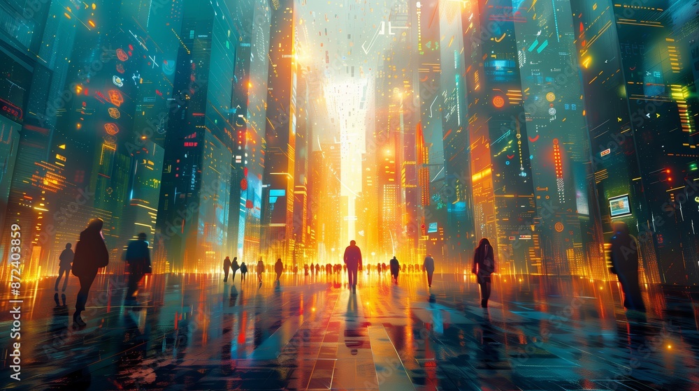 Digital Cityscape With Silhouettes of People Walking Toward a Bright Light Digital Cityscape With Silhouettes of People Walking Toward a Bright Light