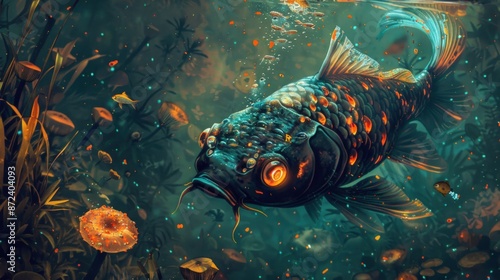 A fish with glowing eyes is swimming in a pond with mushrooms and plants. Generate AI photo