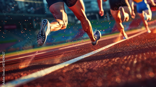 Runners are in the midst of a high-energy race on a track, their feet kicking up dust as they sprint with intense determination, illuminated by sunlight.