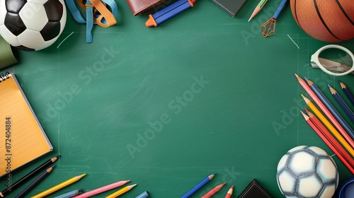 Back to School Concept with Sports Equipment and School Supplies on Green Chalkboard Background, Generative AI