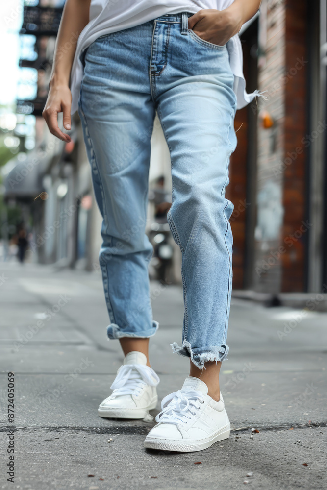 A person in light blue jeans and white sneakers walks on a city sidewalk, one hand in their pocket. The jeans' frayed cuffs and casual stance suggest a relaxed mood.