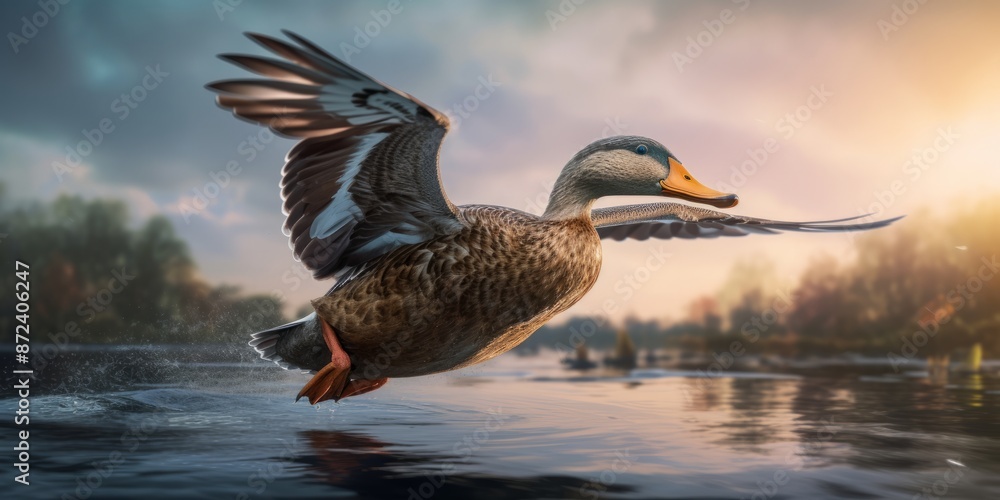 Wild duck flying in the lake,generated with AI. High quality photo Wild duck flying in the lake,generated with AI. High quality photo