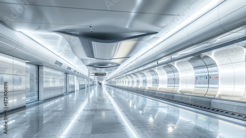 A long, empty train station with a white ceiling and white walls. Generate AI