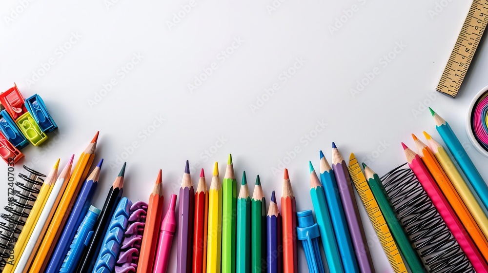 A flat lay of colorful school supplies including notebooks, pens, pencils, and a ruler on an isolated white background with copy space for backtoschool concept A flat lay of colorful school supplies including notebooks, pens, pencils, and a ruler on an isolated white background with copy space for backtoschool concept