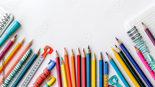 A flat lay of colorful school supplies including notebooks, pens, pencils, and a ruler on an isolated white background with copy space for backtoschool concept