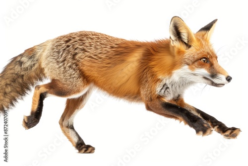 Elegant red fox mid leap with extended legs, gracefully isolated on white background
